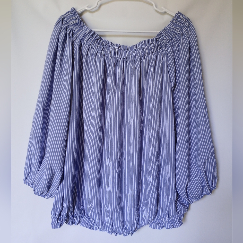 Love J Womens Off The Shoulder Long Sleeve Flowy Top 3X Blue/White Striped
